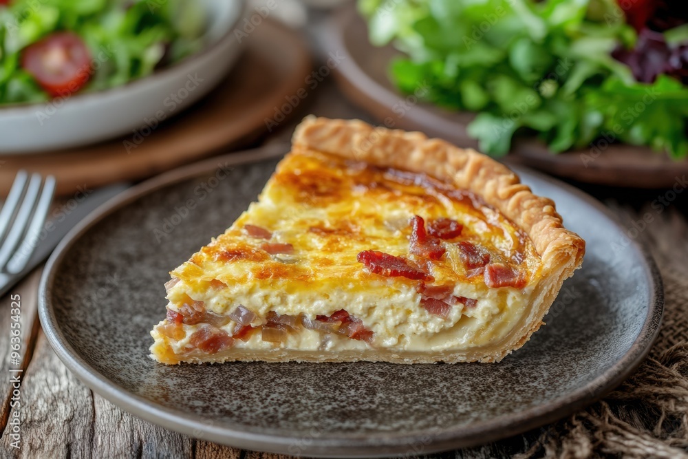 A slice of quiche Lorraine with crispy crust, bacon, cheese, and caramelized onions A slice of quiche Lorraine with crispy crust, bacon, cheese, and caramelized onions