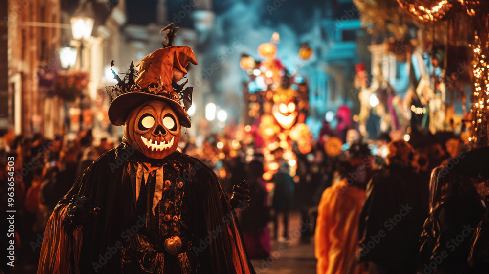 A Halloween parade featuring floats, people in elaborate costumes, and festive decorations. Excited crowds line the streets, creating a lively and festive atmosphere.
A Halloween parade featuring floats, people in elaborate costumes, and festive decorations. Excited crowds line the streets, creating a lively and festive atmosphere.