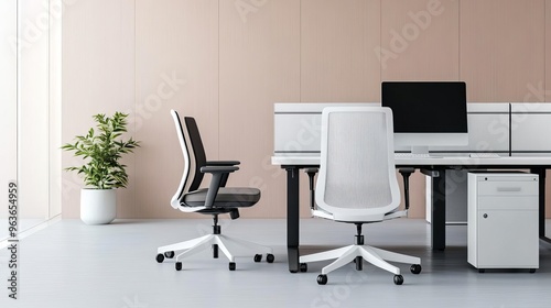 Minimalistic workspace with ergonomic furniture, modern office design, comfort and productivity