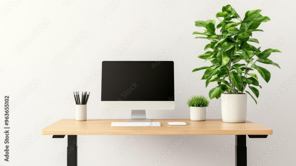 Modern home office with a standing desk and greenery, ergonomic setup, health and productivity Modern home office with a standing desk and greenery, ergonomic setup, health and productivity