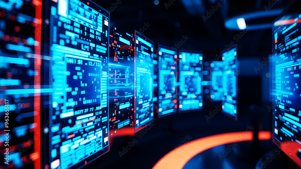 A 3D matrix of glowing blue data streams flowing between translucent digital screens in a futuristic interface A 3D matrix of glowing blue data streams flowing between translucent digital screens in a futuristic interface