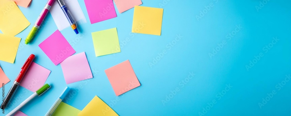 Overhead shot of a creative brainstorming session with sticky notes and colored pens, team collaboration Overhead shot of a creative brainstorming session with sticky notes and colored pens, team collaboration