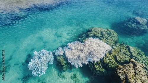 Aerial shot of bleached coral reefs in clear ocean waters, representing the devastating effects of warming seas and acidification on marine ecosystems. photo