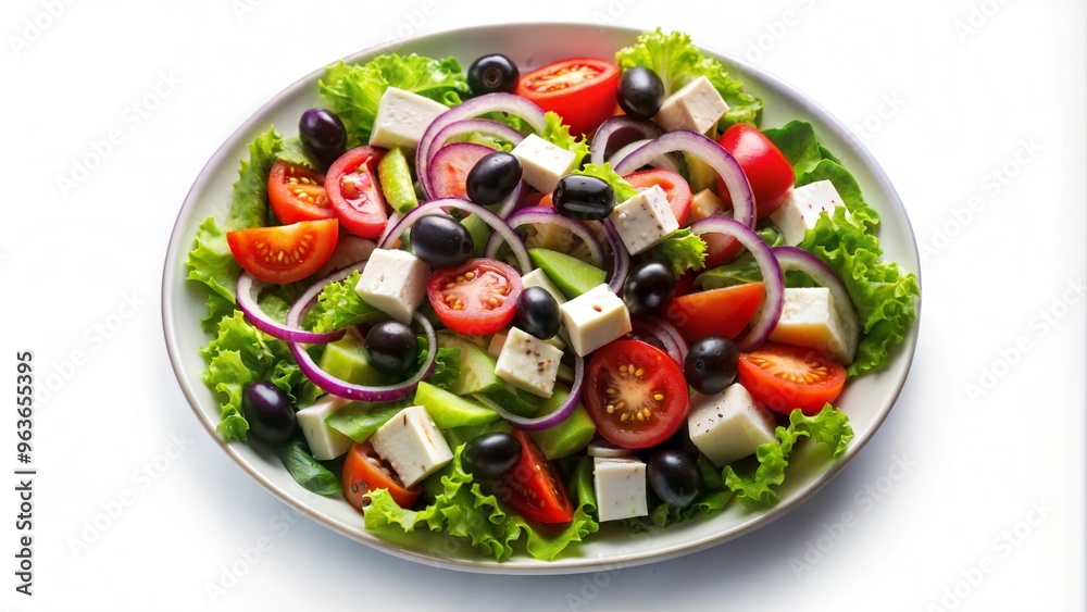 Greek salad with fresh vegetables and feta cheese on a bright white background Greek salad with fresh vegetables and feta cheese on a bright white background