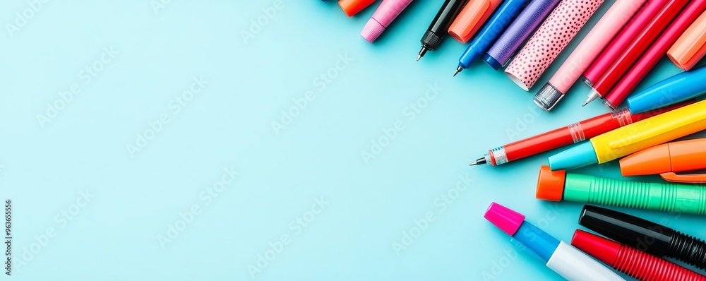 Overhead view of a desk with colorful pens and markers, creative tools, vibrant office supplies Overhead view of a desk with colorful pens and markers, creative tools, vibrant office supplies