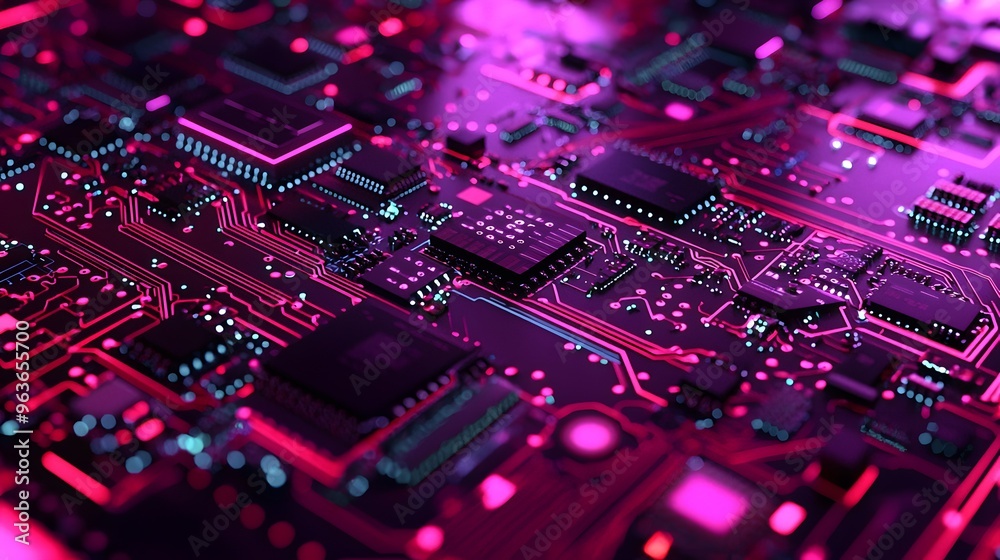 Circuit Board with Pink and Blue Neon Lights. Circuit Board with Pink and Blue Neon Lights.