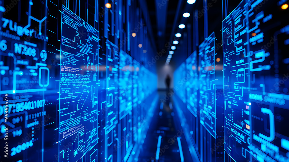 A 3D matrix of glowing blue data streams flowing between translucent digital screens in a futuristic interface A 3D matrix of glowing blue data streams flowing between translucent digital screens in a futuristic interface