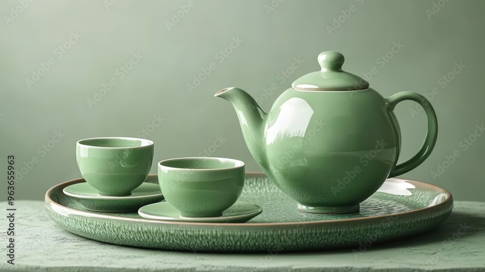 A beautiful smooth green glaze porcelain tea set with a light green background A beautiful smooth green glaze porcelain tea set with a light green background