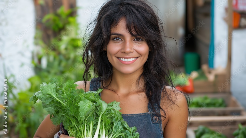 Smiling Hispanic woman holding a reusable shopping bag filled with fresh vegetables at an urban market Smiling Hispanic woman holding a reusable shopping bag filled with fresh vegetables at an urban market