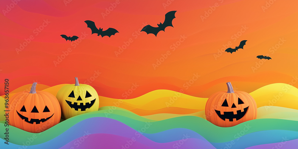 Halloween pumpkins floating in rainbow waves, bats flying, festive Halloween backdrop
