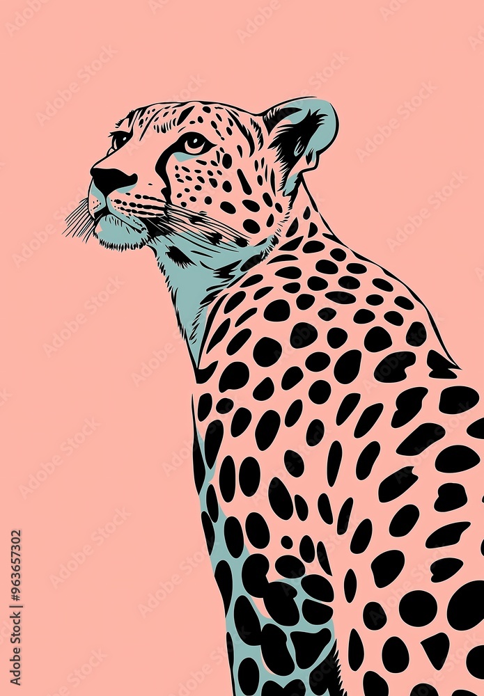 Fototapeta premium A vibrant flat illustration in a simple style featuring a leopard, jaguar, and puma, designed as a decorative graphic perfect for wallpaper applications.