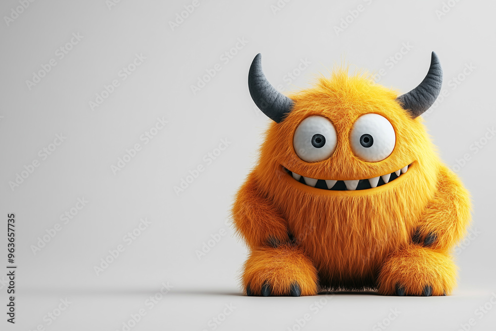 Fototapeta premium Friendly yellow monster toy with fur and horns