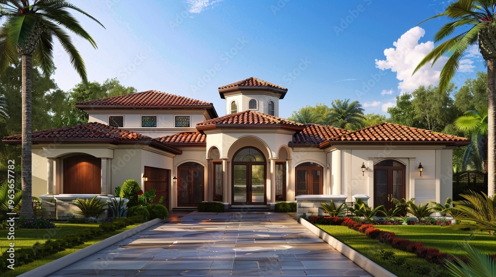 Fototapeta premium Mediterranean Style Home with Lush Landscaping