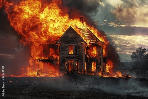 A burning house with intense flames and thick smoke.