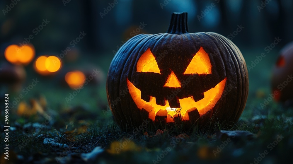 A Halloween jack-o'-lantern with a creepy grin, glowing in the dark. A Halloween jack-o'-lantern with a creepy grin, glowing in the dark.