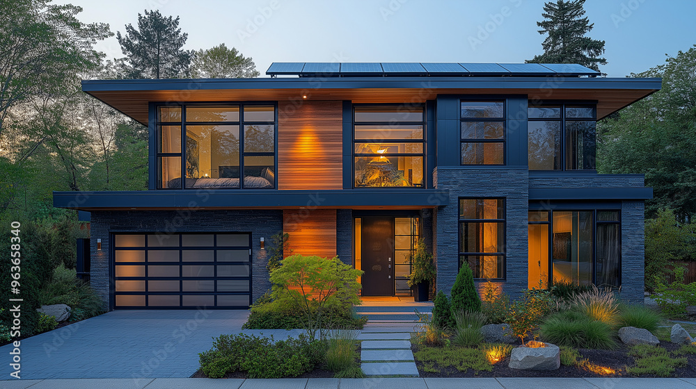 Modern Luxury Home with Large Windows, Solar Panels, and Elegant Landscaping at Dusk Modern Luxury Home with Large Windows, Solar Panels, and Elegant Landscaping at Dusk