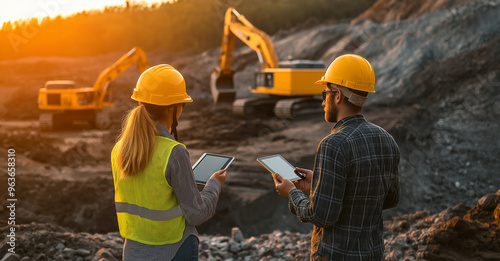 Engineers Using Digital Tablets at Construction Site with Heavy Machinery During Sunset