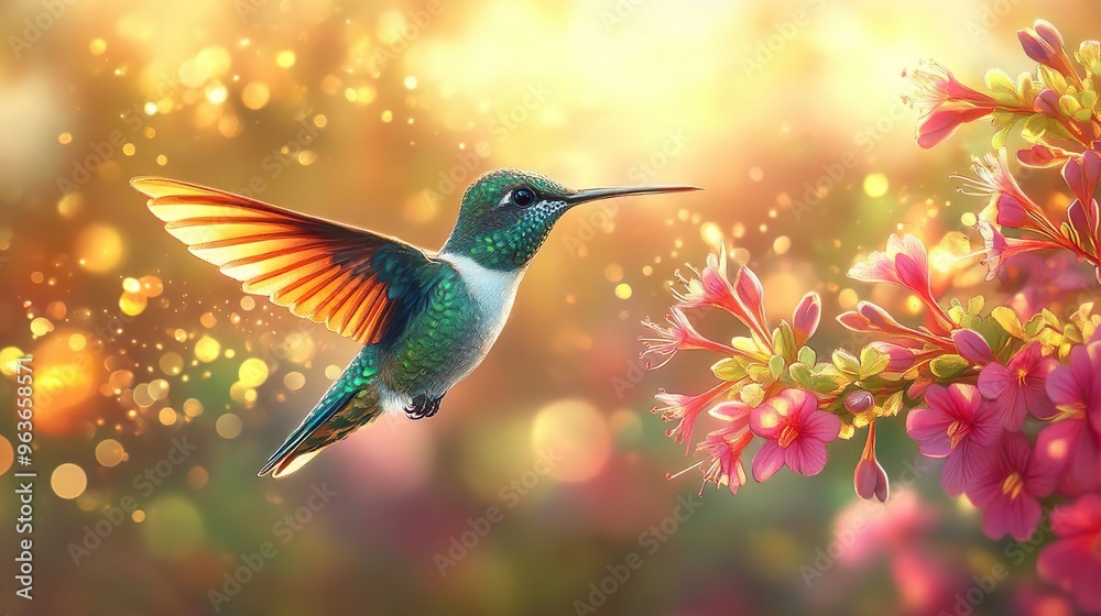 A vibrant image of a hummingbird hovering near a bunch of vibrant flowers A vibrant image of a hummingbird hovering near a bunch of vibrant flowers