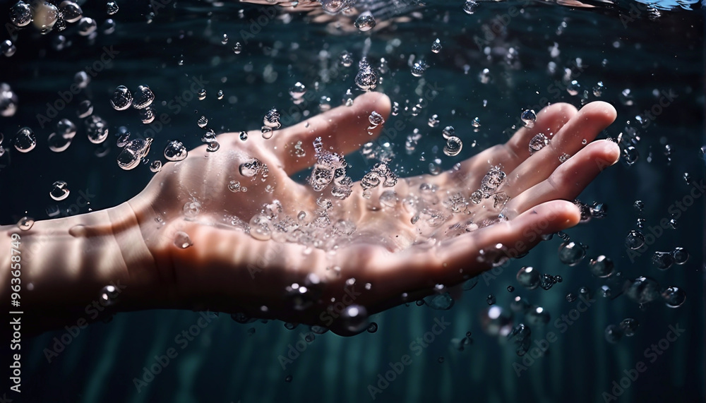 Fototapeta premium Underwater hands and bubbles, freedom concept