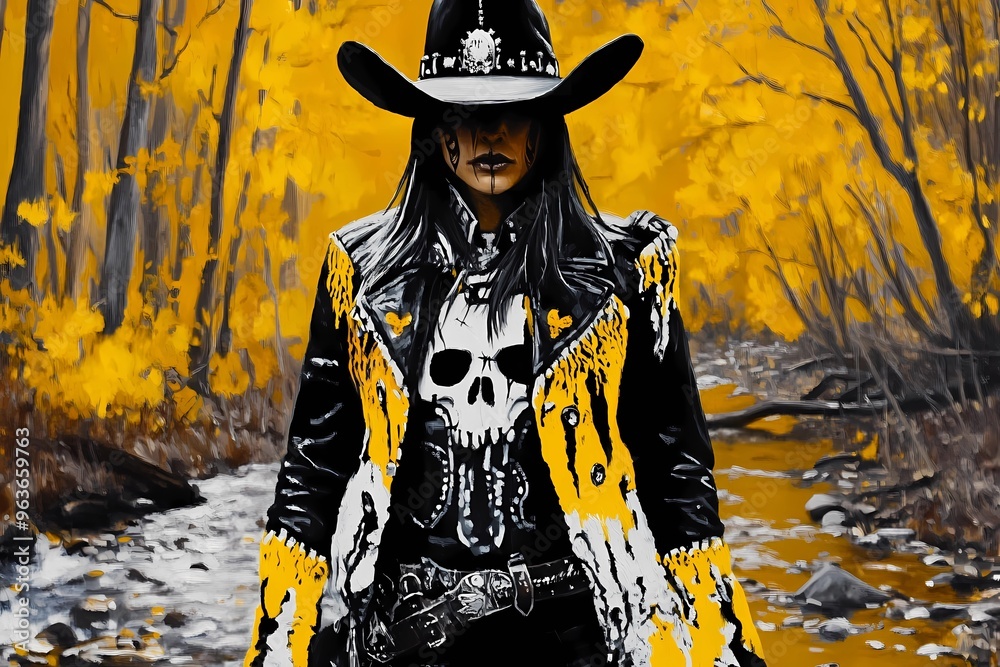 background image of a cowboy woman, western illustration style, western.  