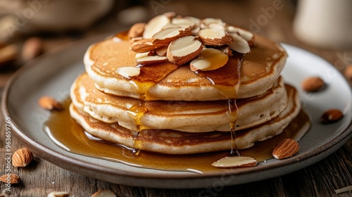 Almond Pancakes: Artfully arranged to highlight the wholesome, nutty flavor of the almonds, these pancakes are light and fluffy and topped with almond slices and syrup. photo