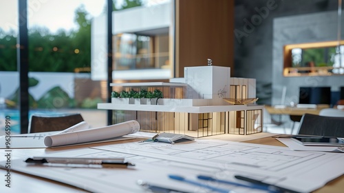 Architectural Model of Modern House on Table with Plans