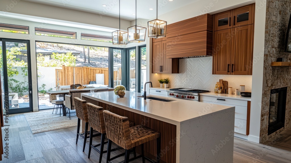 Modern Luxury Kitchen with Garden View - A spacious modern kitchen with sleek decor, warm lighting, and large windows offering a serene garden view for a perfect culinary experience. Modern Luxury Kitchen with Garden View - A spacious modern kitchen with sleek decor, warm lighting, and large windows offering a serene garden view for a perfect culinary experience.