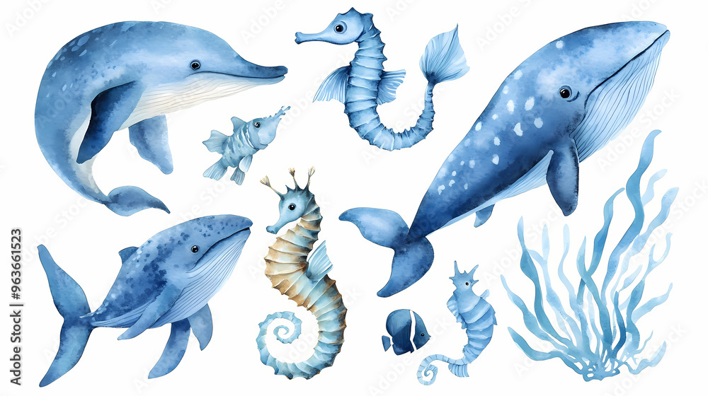 Fototapeta premium Set of sea animals. blue watercolor ocean fish, medusa, whale, seahorse. Watercolor. Illustration