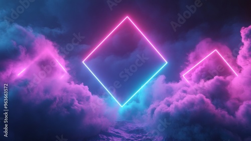 Wallpaper Mural Neon Geometric Shapes in Cloudy Background Torontodigital.ca