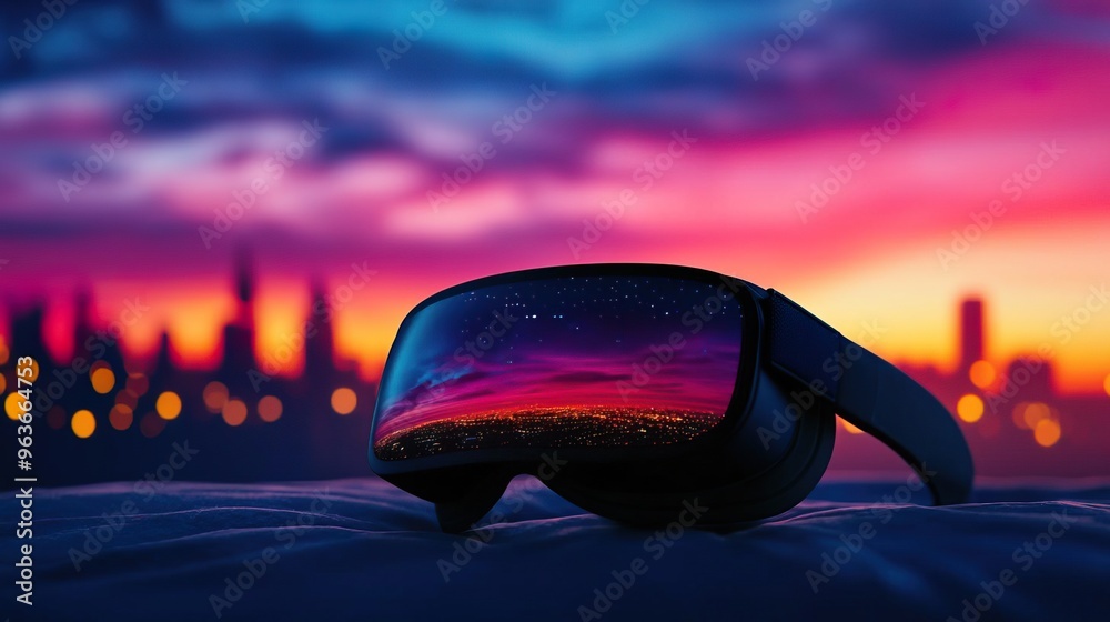Black ski goggles with city skyline and sunset reflection. Black ski goggles with city skyline and sunset reflection.