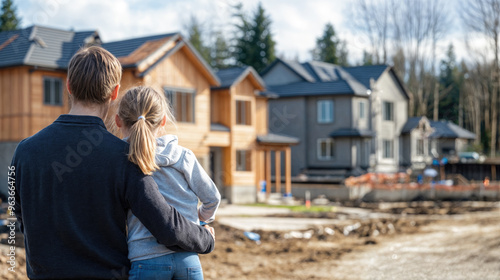 Father and daughter looking at new home construction project