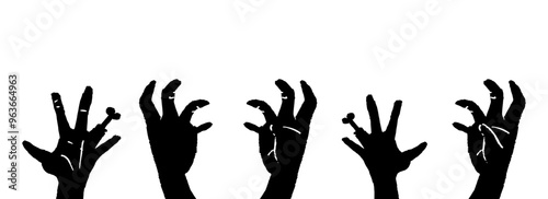 Halloween zombie hands. Zombie hands silhouette. Creepy zombie crooked lambs stick out of graveyard ground vector illustration set