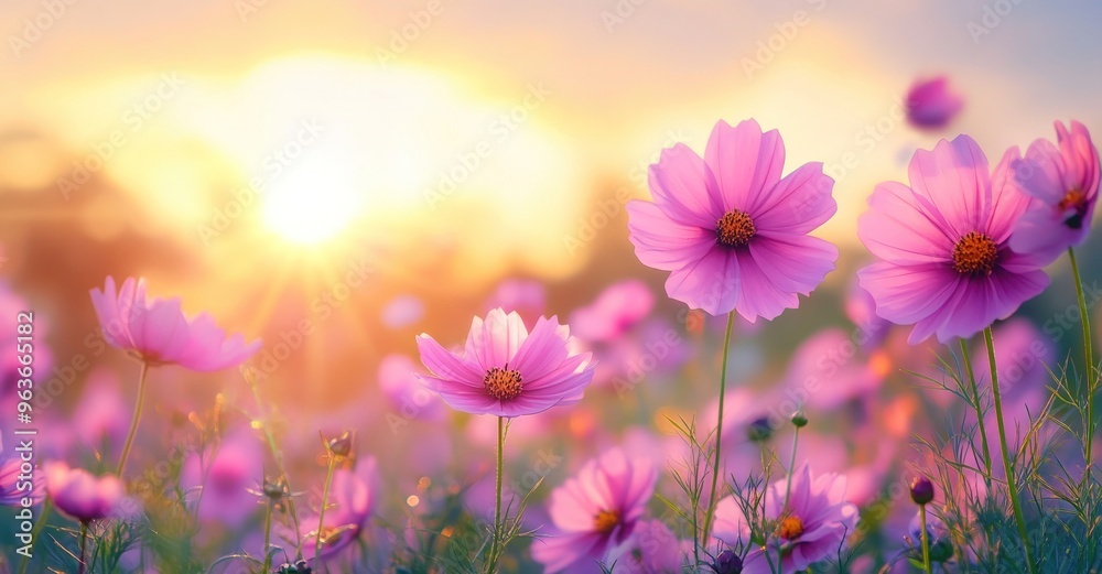 Colorful cosmos flowers in a field with a sunlit background Colorful cosmos flowers in a field with a sunlit background