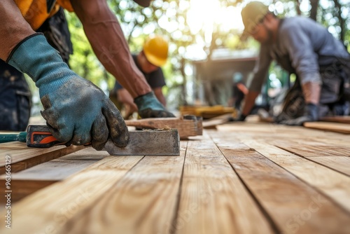 A skilled team is constructing a highquality wooden floor for a home improvement project, using specialized tools and premium materials to showcase their craftsmanship and dedication to excellence