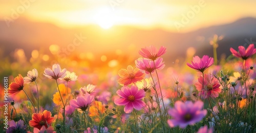 Colorful cosmos flowers in a field