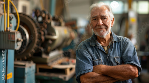  Older man in a car repair shop, surrounded by tools and machinery. Dressed in work clothes, he stands confidently amid the industrial setting.