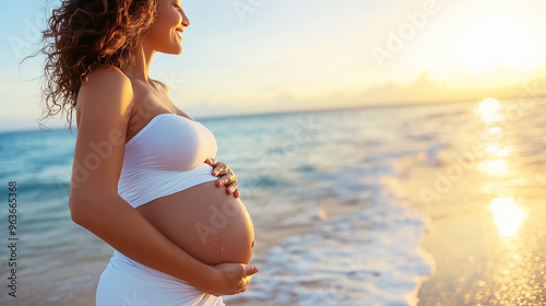 Pregnant girl on sea beach, sea background	
 photo