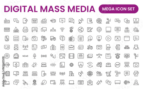 Mass media outline vector icons large set isolated on white background. media business concept. Media outline icons set.