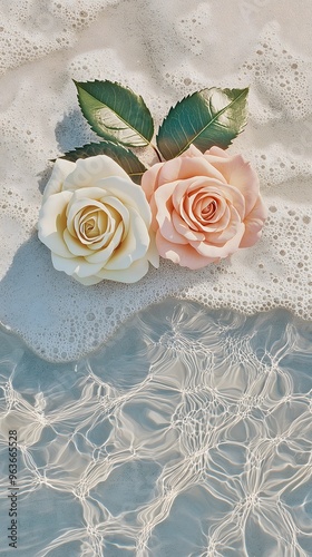 A romantic wallpaper featuring pink roses on the beach, gently washed by the sea, perfect for expressing love.