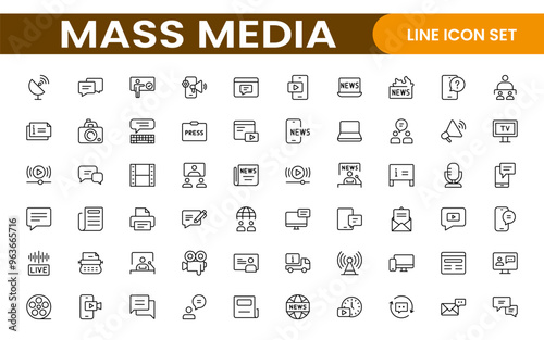 Mass media outline vector icons large set isolated on white background. media business concept. Media outline icons set.