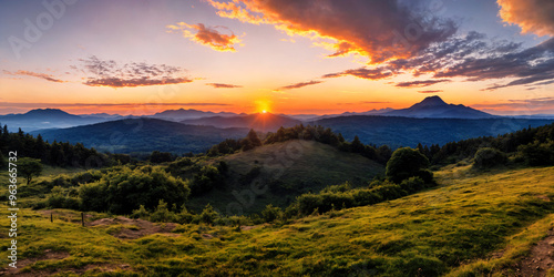 Orange Sky Over Tranquil Mountain Peaks at Sunset