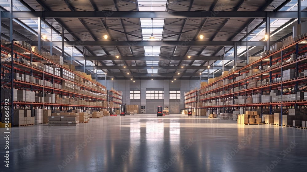 Large distribution warehouse with rows of shelves full of packages ready for shipment Large distribution warehouse with rows of shelves full of packages ready for shipment