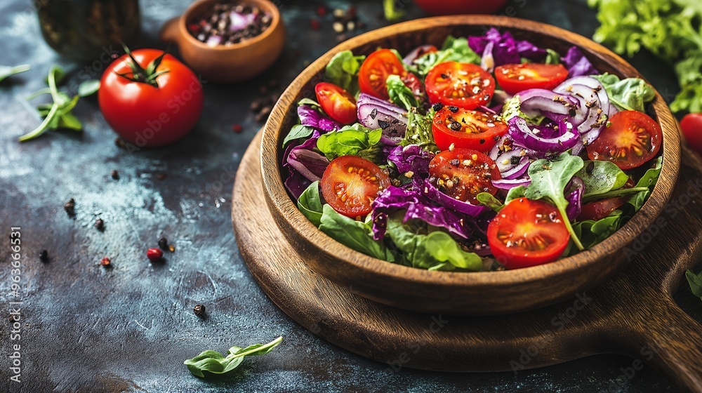Fresh salad with red onion, tomatoes, and greens in a wooden bowl. Fresh salad with red onion, tomatoes, and greens in a wooden bowl.