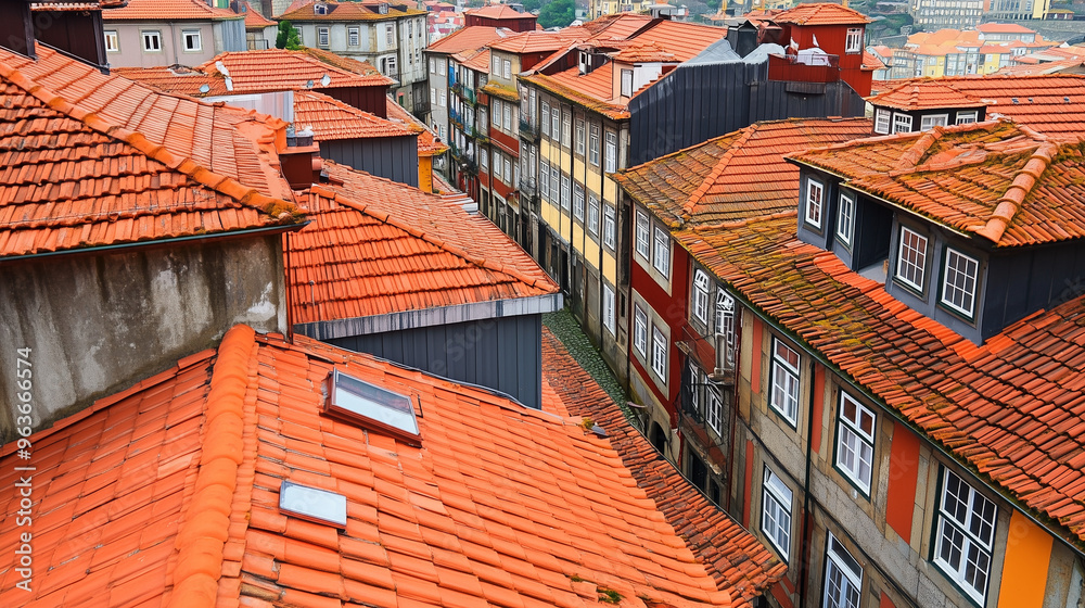 The image shows a top view of red tiled roofs of houses in the city of Porto, Portugal. Narrow streets create a cozy atmosphere of the old town The image shows a top view of red tiled roofs of houses in the city of Porto, Portugal. Narrow streets create a cozy atmosphere of the old town