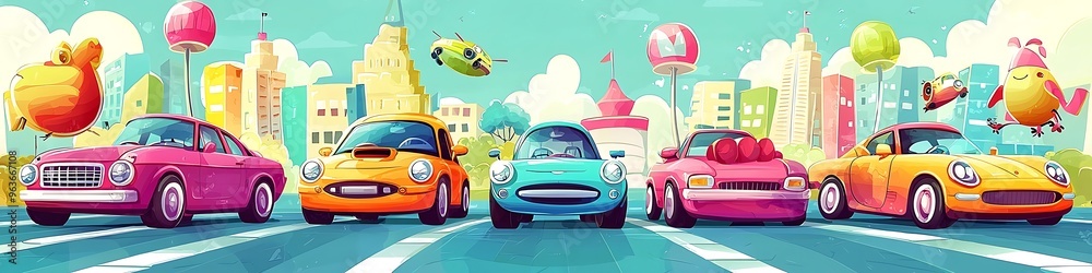 Playful cartoon car collection, full of joy and vibrant, detailed characters.