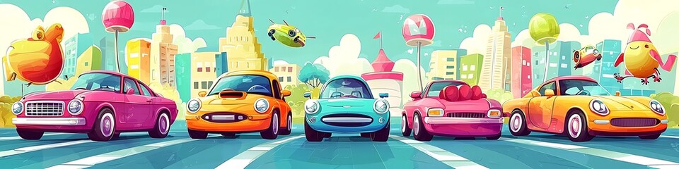 Gordijnen Koraalgroen Playful cartoon car collection, full of joy and vibrant, detailed characters.  © Safdar