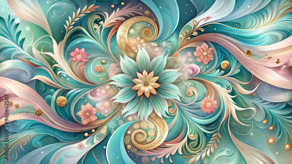 Intricate floral abstract pattern in soft teal and peach tones, symbolizing renewal and harmony Intricate floral abstract pattern in soft teal and peach tones, symbolizing renewal and harmony