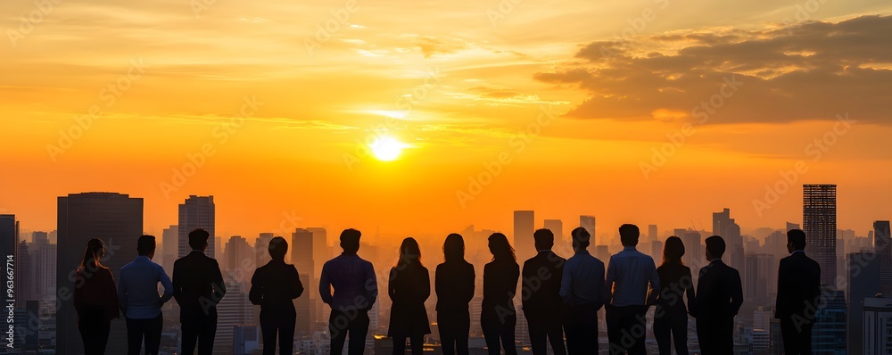 Silhouettes of People Watching the Sunset over a Cityscape Silhouettes of People Watching the Sunset over a Cityscape