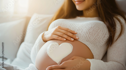 Pregnant girl close-up on bed. Young woman's hands on belly. Heart shape created from cream. Caring for perfect, soft and smooth skin during pregnancy. photo