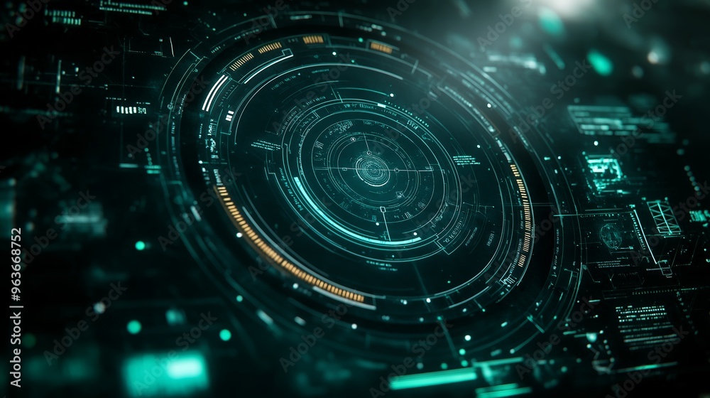 Futuristic holographic interface featuring data visualization elements in a dark, abstract background, ideal for technology presentations Futuristic holographic interface featuring data visualization elements in a dark, abstract background, ideal for technology presentations